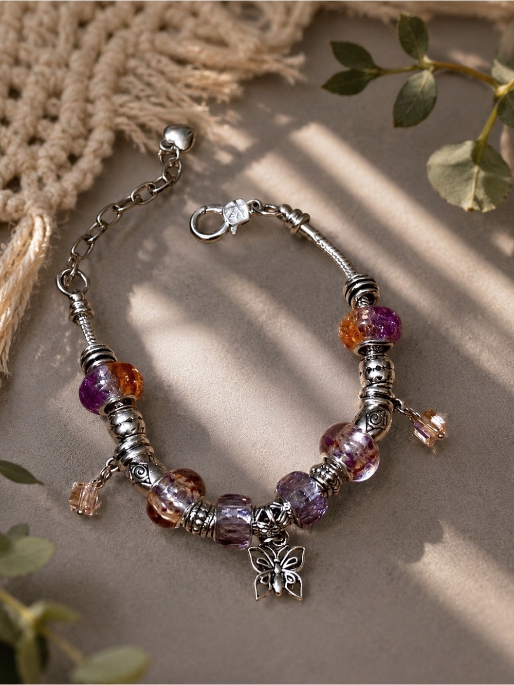 Handmade Purple & Orange Bead Charm Bracelet with Butterfly Accent